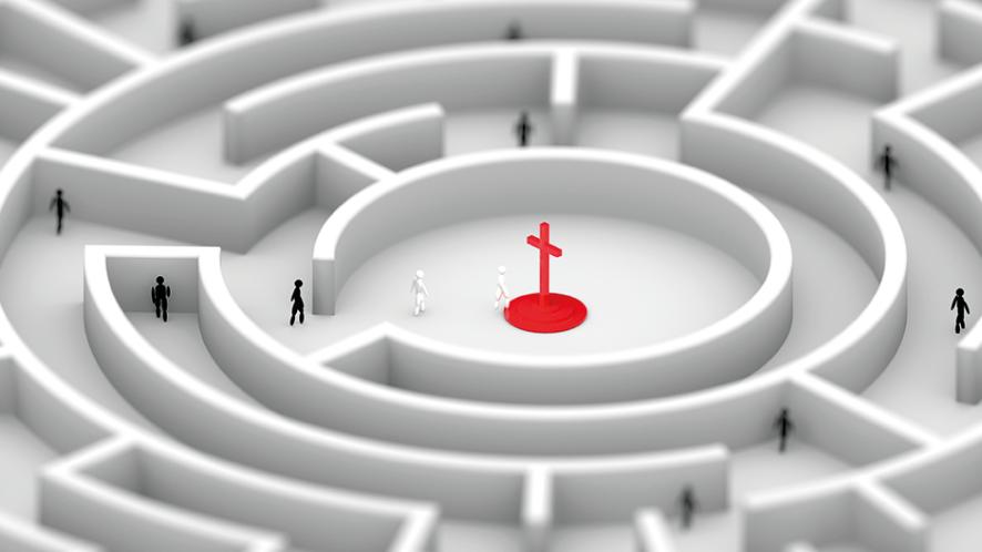Menschen bewegen sich durch ein Labyrinth auf der Suche nach Gott und finden ihn letztendlich