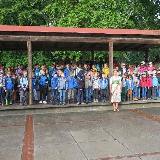 Die Waldkönigin Antonia Hegele (vorne) konnte fast 200 Schulkinder zum Walderlebnistag begrüßen, den das Jugendhaus Feuerstein und das AELF Bamberg veranstaltet hatten.
