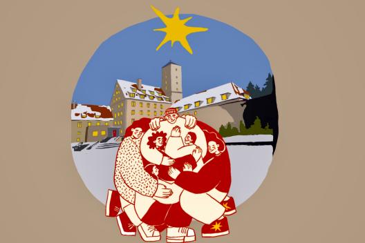 Animaton: Menschen umarmen sich vor Burg Feuerstein