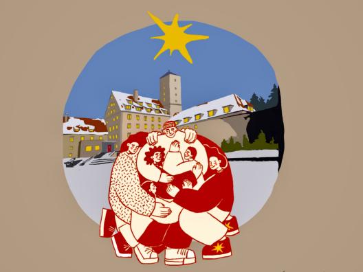 Animaton: Menschen umarmen sich vor Burg Feuerstein